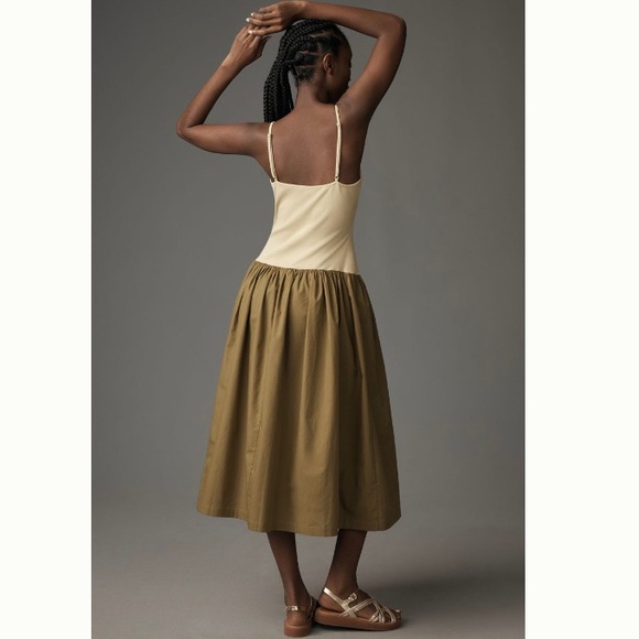 🌿|NWT| Anthropologie Maeve Ribbed Poplin Twofer Midi Dress - Picture 2 of 12